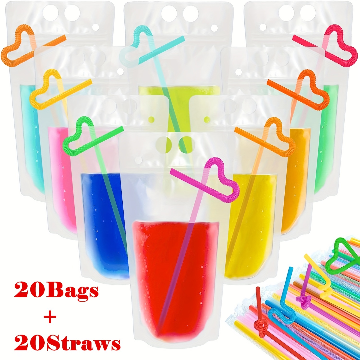 20 bolsas de bebidas de cumpleaños para adultos con pajilla, resistentes y  translúcidas con cierre de cremallera, bolsas de plástico para fiestas de