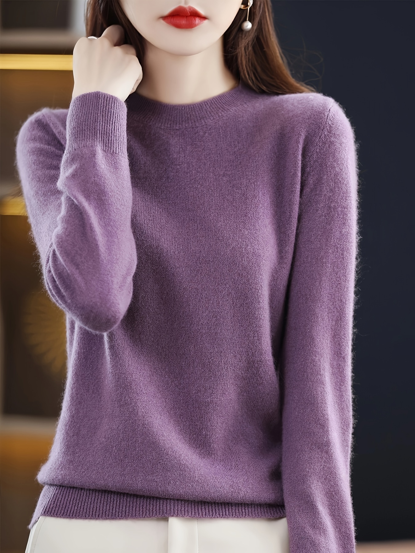 solid color crew neck sweater versatile long sleeve sweater for fall winter womens clothing purple 3