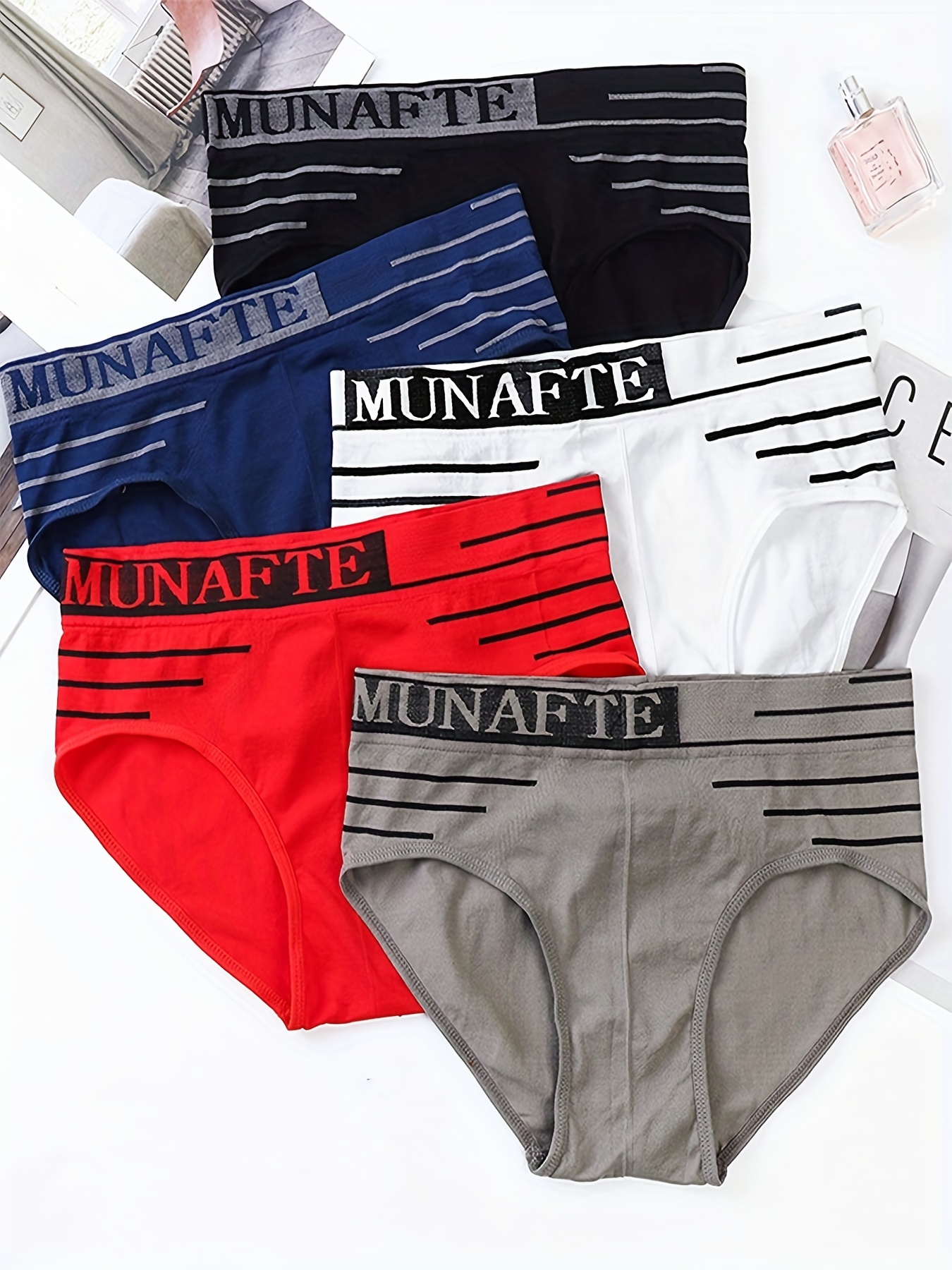 5pcs Men's Trendy Letter Pattern Solid Color Underwear Briefs, Sexy  Breathable Mixed Color Large Size Slight Stretch Sports Pants