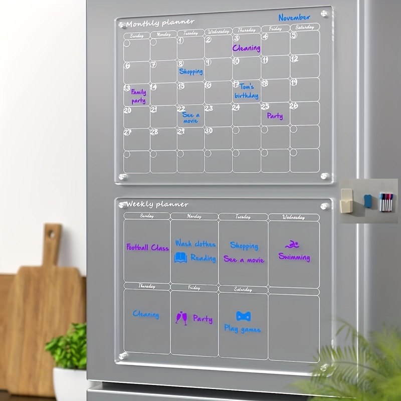 Acrylic Magnetic Dry Erase Board Calendar for Fridge 2 Pcs, 16x12 Clear  Acrylic Dry Erase Board for Refrigerator, Reusable Magnetic Monthly Planner  and Whiteboard 