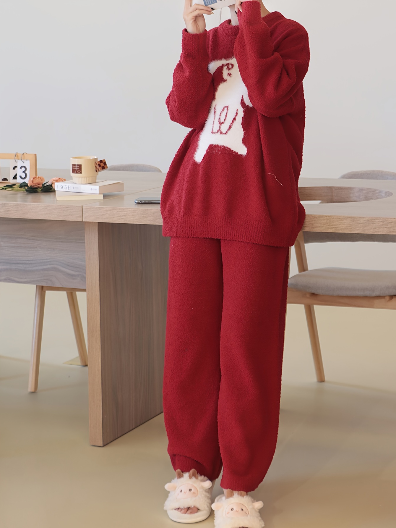 Solid Fuzzy Pajama Set Long Sleeve Hooded Top Elastic - Temu Canada