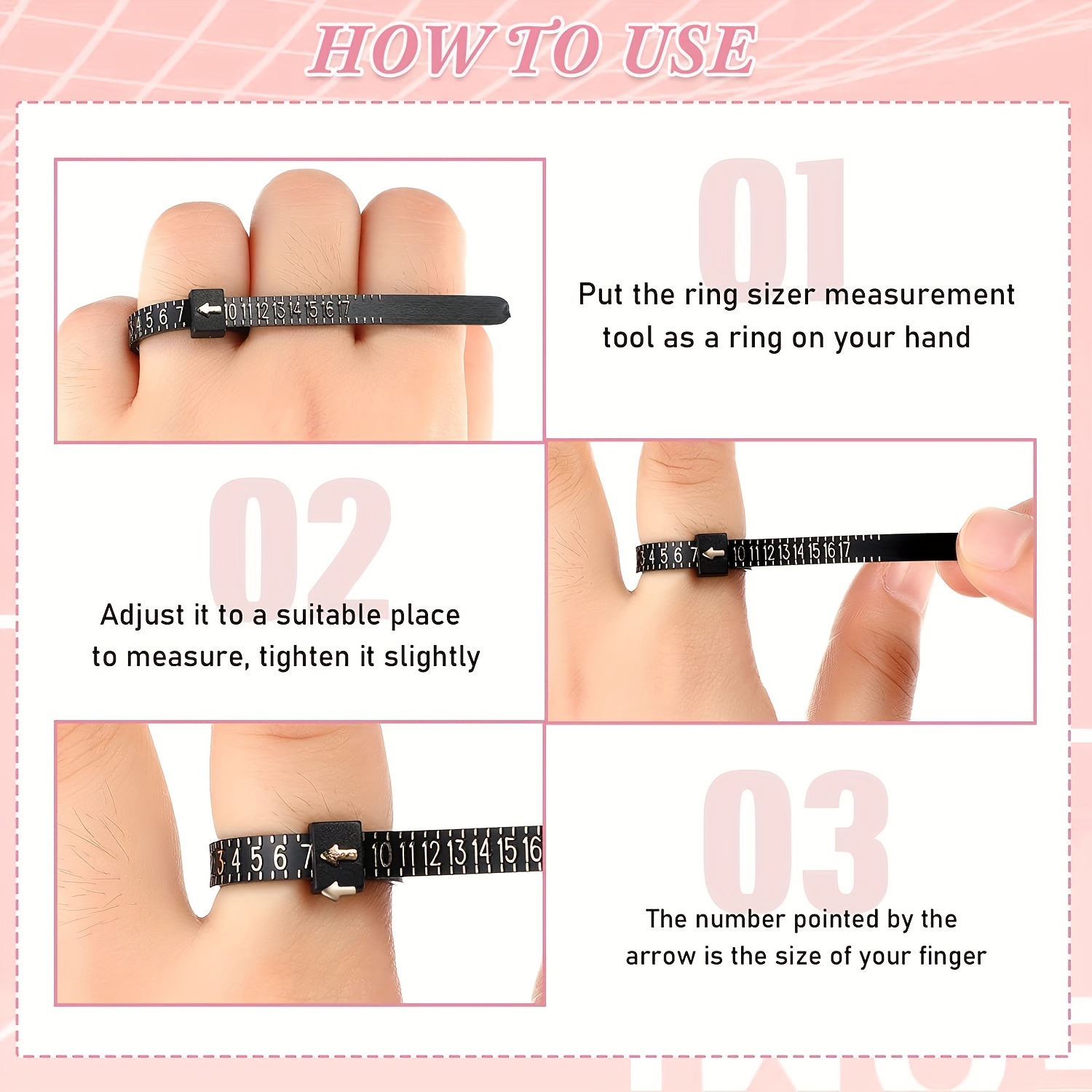  2-Piece Ring Sizer Measurement Tool JRONGHE Reusable Finger  Size Measurement Tape with Magnifying Glass, Jewelry Size Measurement Tool  1-17 US Ring Size (1 Black + 1 White) : Arts, Crafts & Sewing
