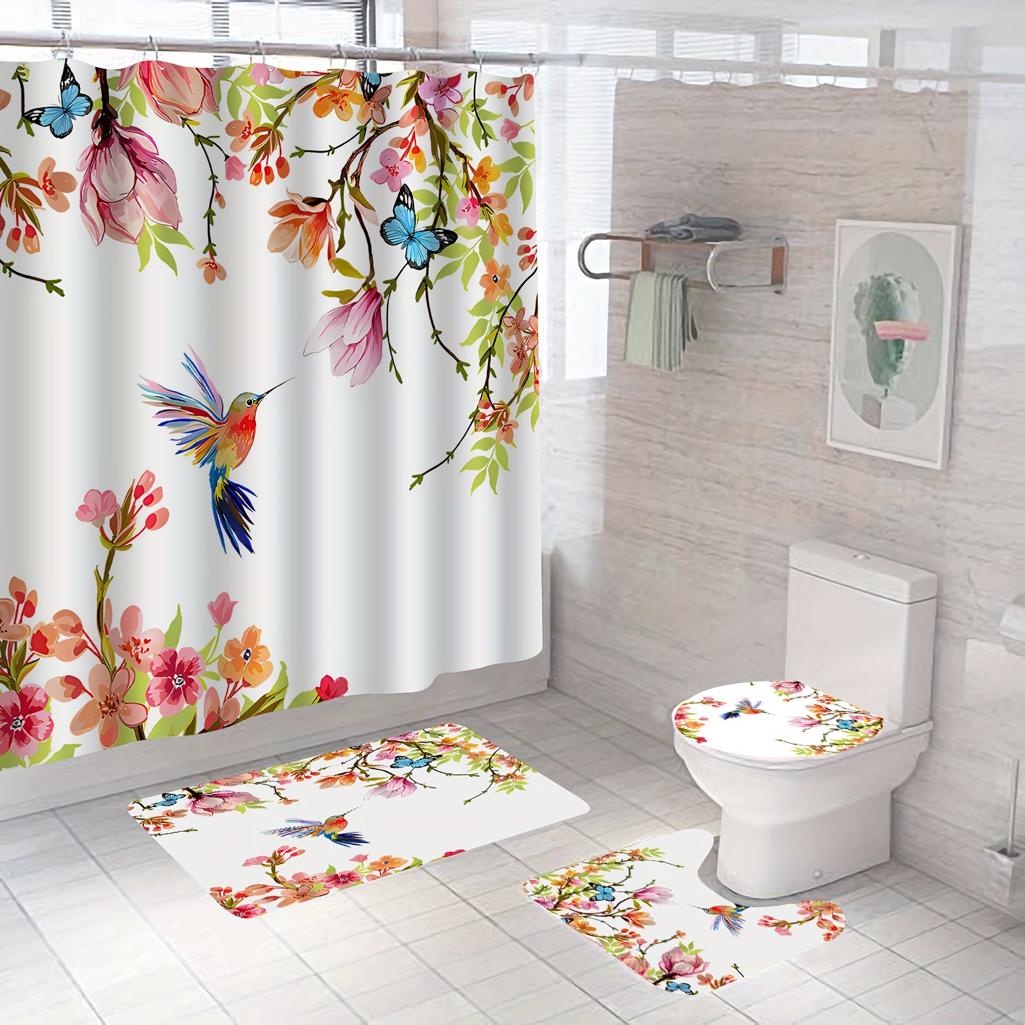 4pcs/set Flower Pattern Shower Curtain & Bath Mat, Modern