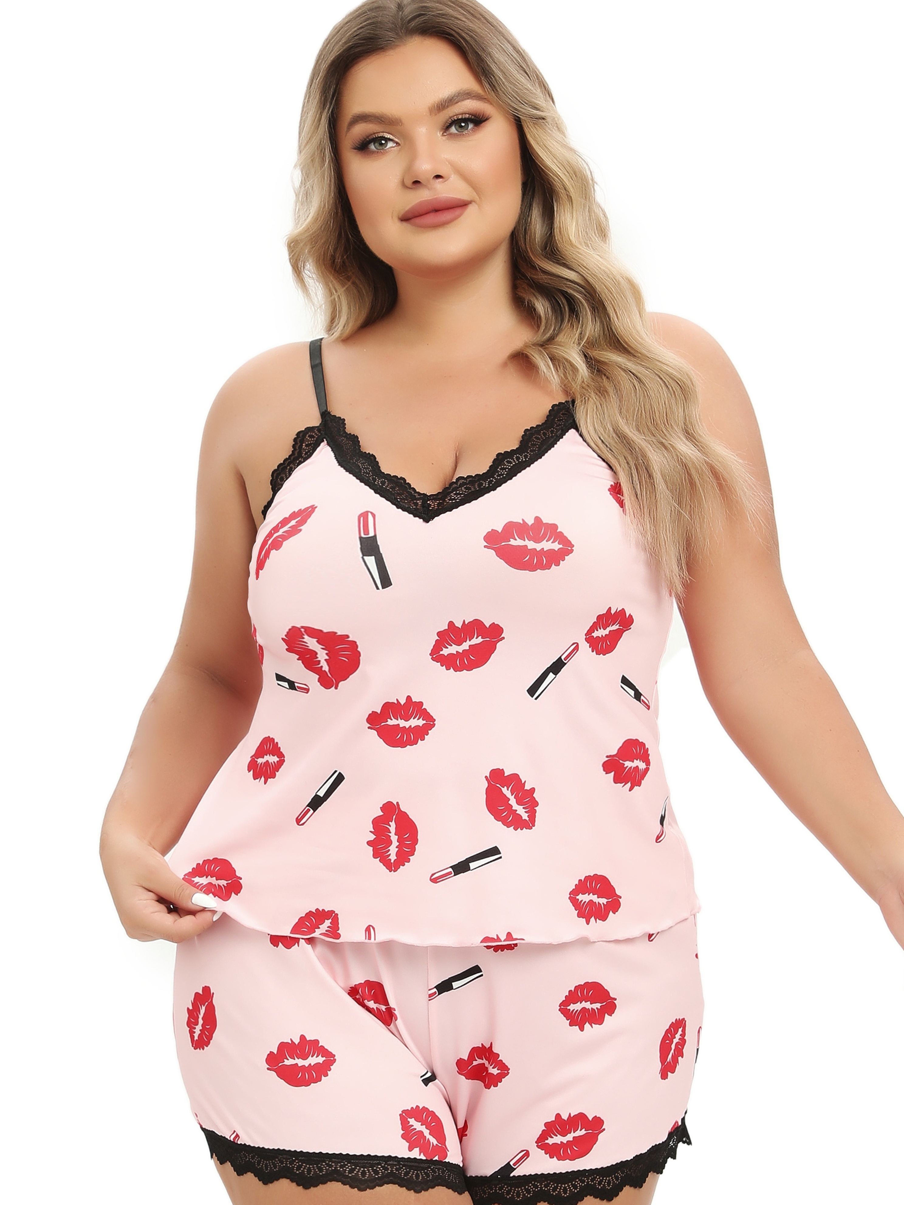 Plus Size Lace Trim Scoop Neck Cami and Printed Shorts Pajama Set