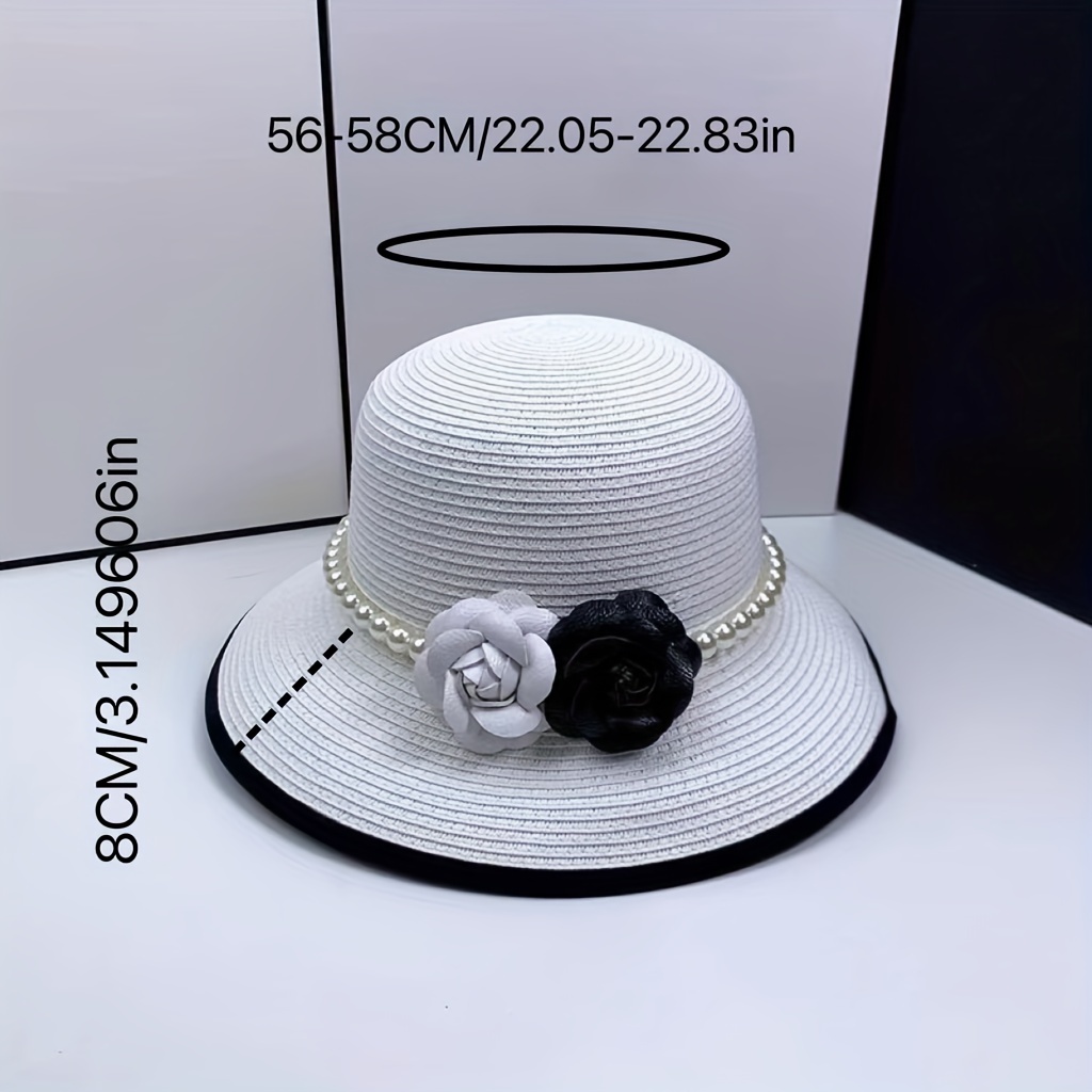 Straw Bucket Hat with Faux Pearl Hatband & Flower Decor