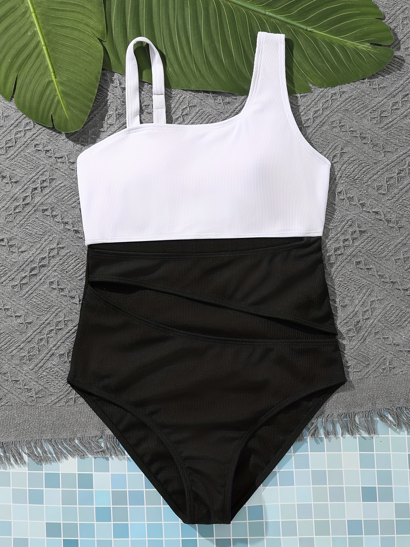Colorblock One Shoulder Bathing Suit Asymmetrical Neck - Temu