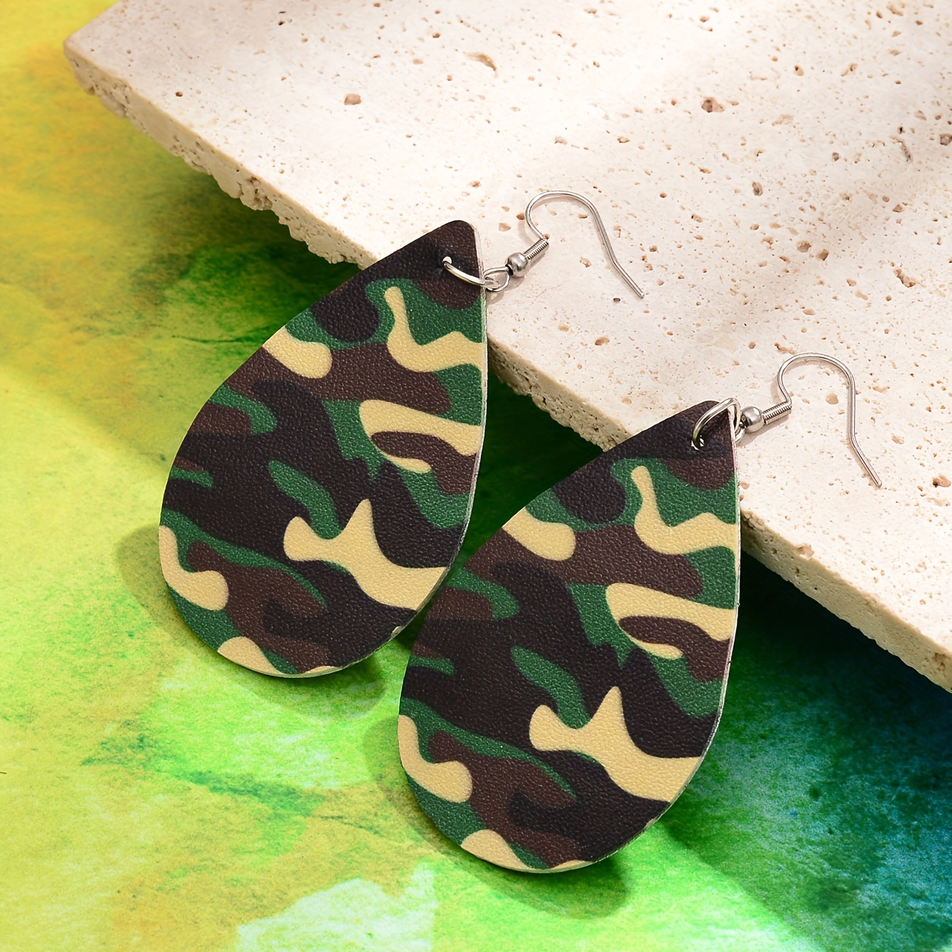 Camo Leather Earrings Teardrop Shape