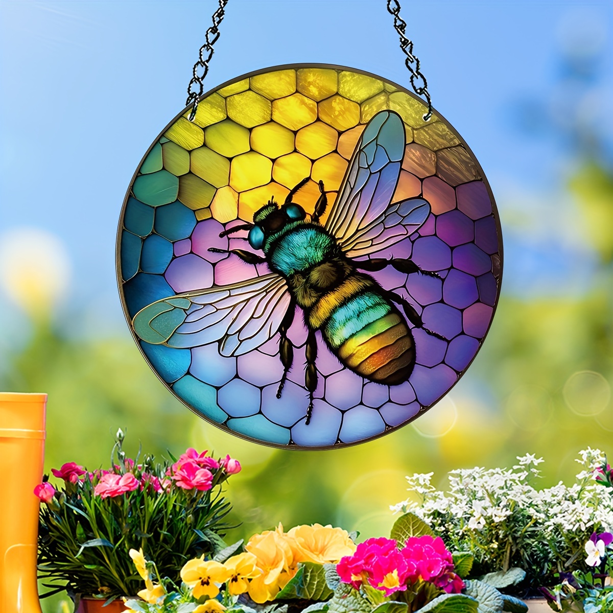 Stained Bee Honeycomb Hanging Suncatcher Ornaments Window Garden Decor