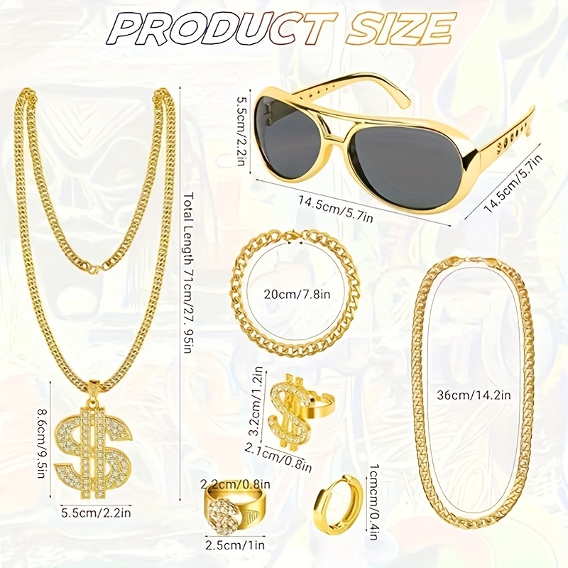 3/5/8pcs Men's Hip Hop Costume Accessories, 80s 90s Fancy Dress  Accessories, Golden Dollar Symbol Necklace, Bracelet, Rings Earrings And  Sunglasses