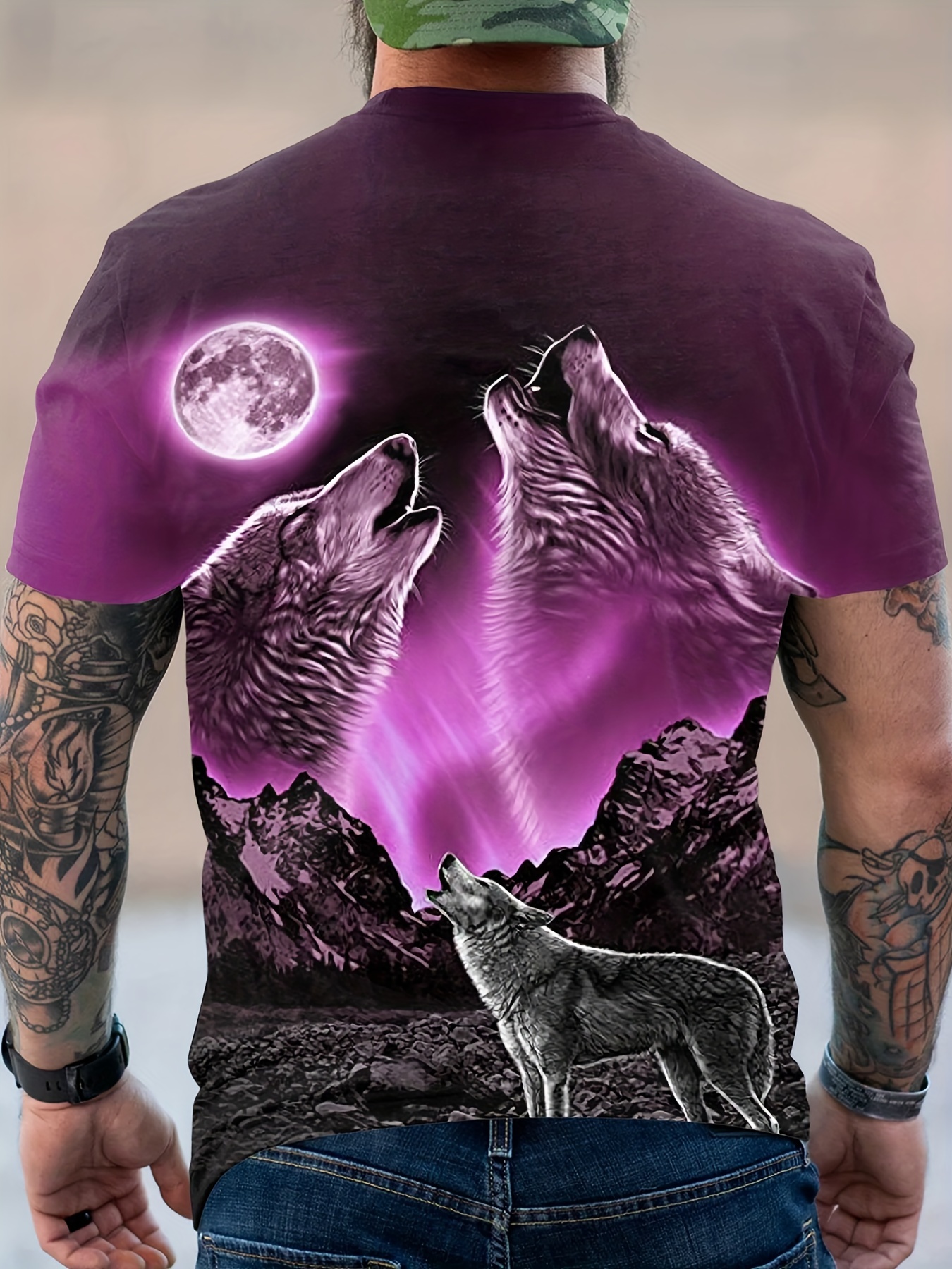 Men's Novelty Style 3d Wolf Moon Graphic Print T shirt Men's - Temu