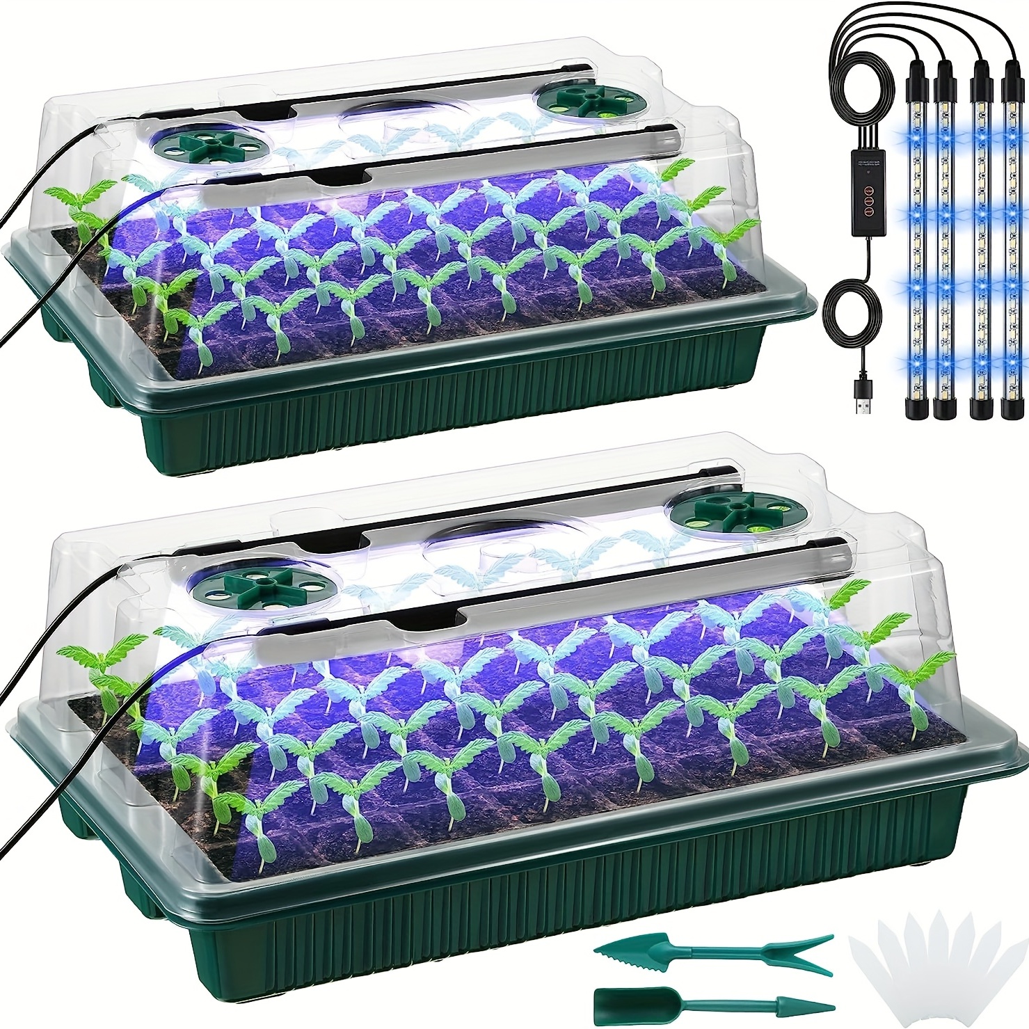 

2 Pack Seed Starter Trays With High Dome Germination Kit - 80 Cells, 4 Led Grow Lights, Smart Timer & 3 Modes For Home Gardeners And Indoor Greenhouse Seedling Starter Kit