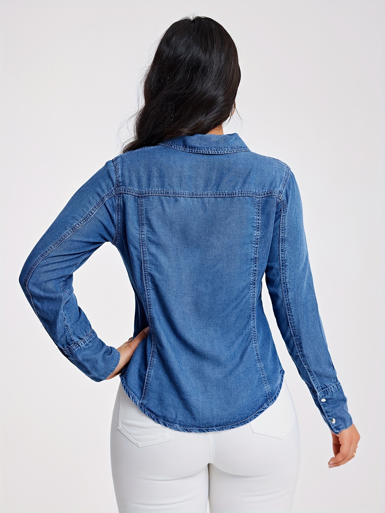 flap pockets lapel denim top long sleeves single breasted button denim jacket womens denim clothing details 1