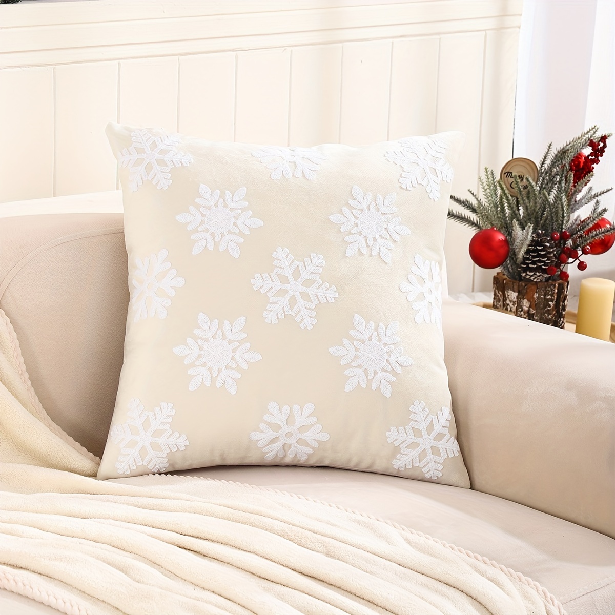 1pc Snowflake Embroidery Pillowcase, Soft Velvet Fabric, Decorating Sofa  And Living Room, Pink