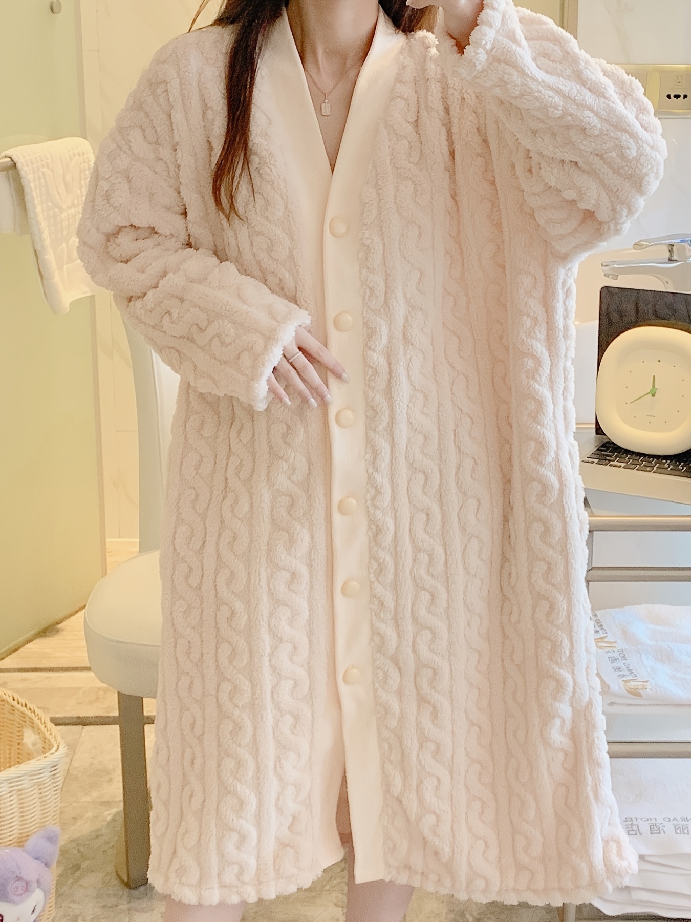 Cardigan Button Long Robe Thickened Fuzzy Solid Lounge Robe - Temu