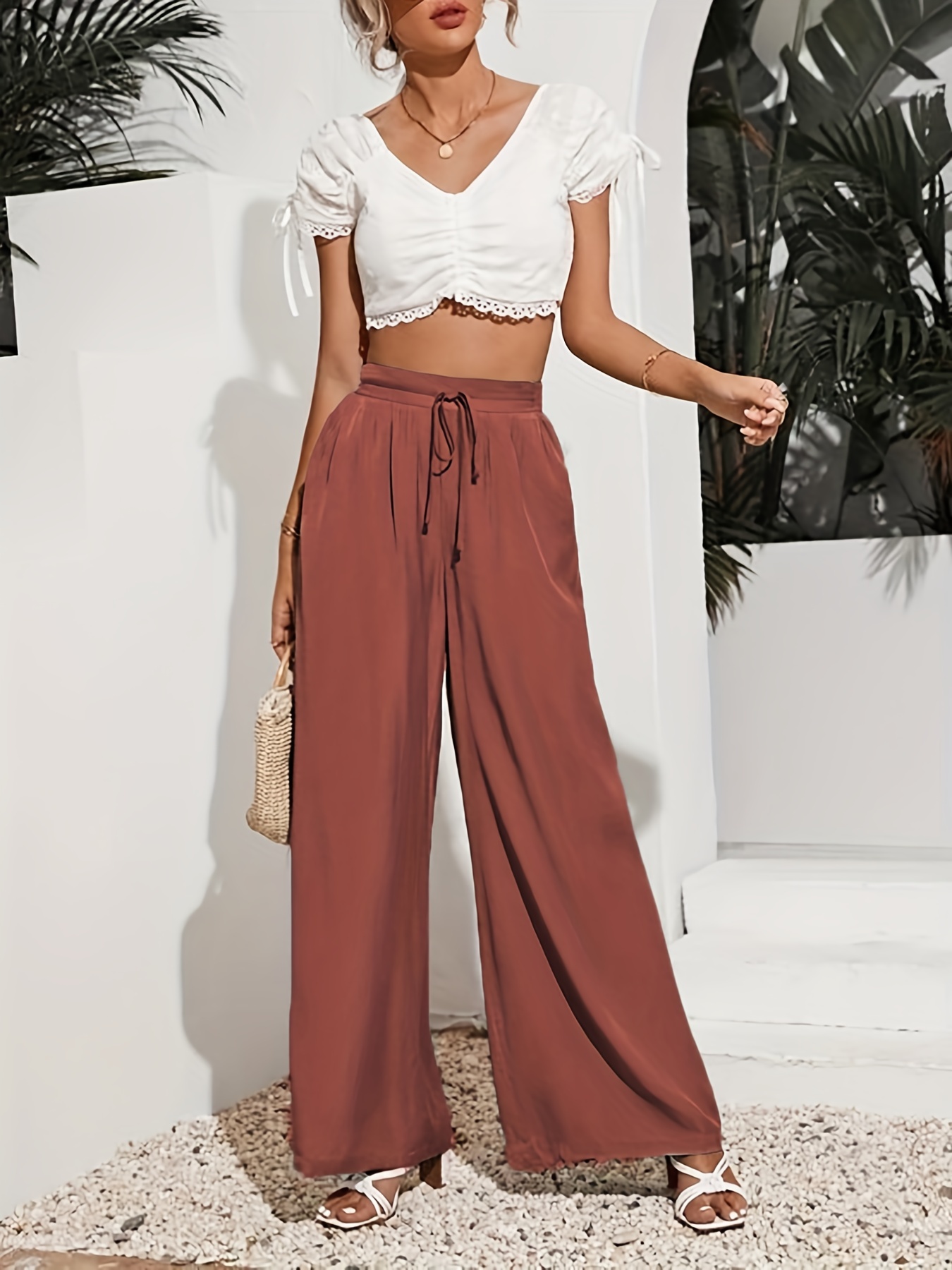 High Waisted Wide Legged Pants with Adjustable Drawstring and 2