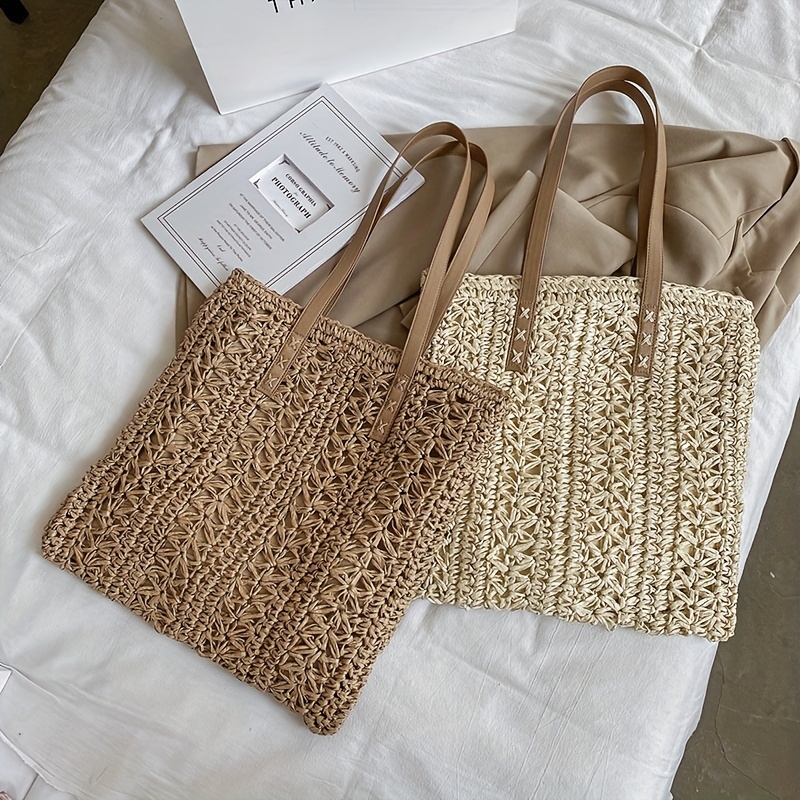 Casual Beach Ribbon Straw Handbag Ladies Woven Shoulder Tote Bag