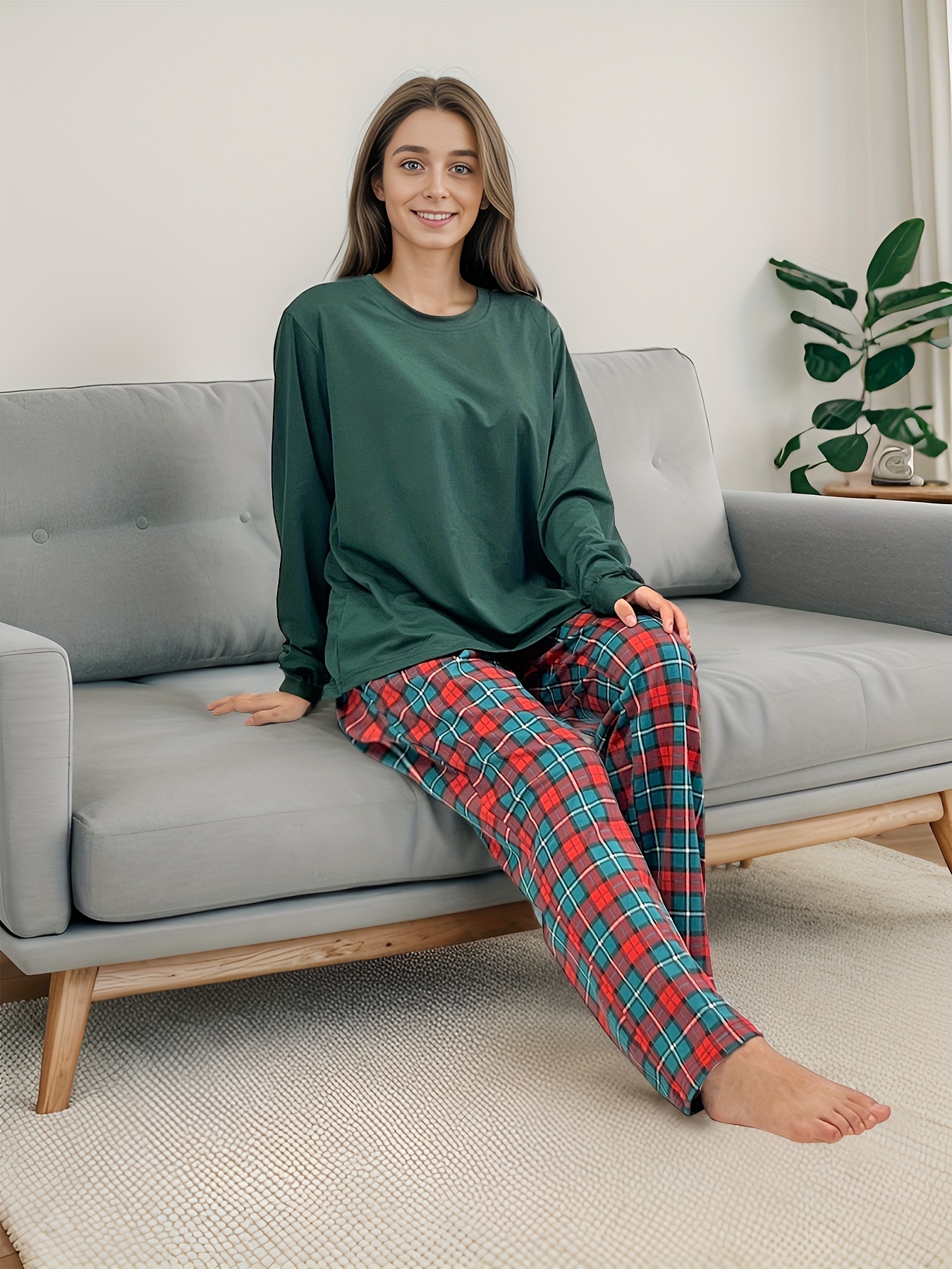 Plaid Print Pajama Set Long Sleeve Crew Neck Top Elastic - Temu