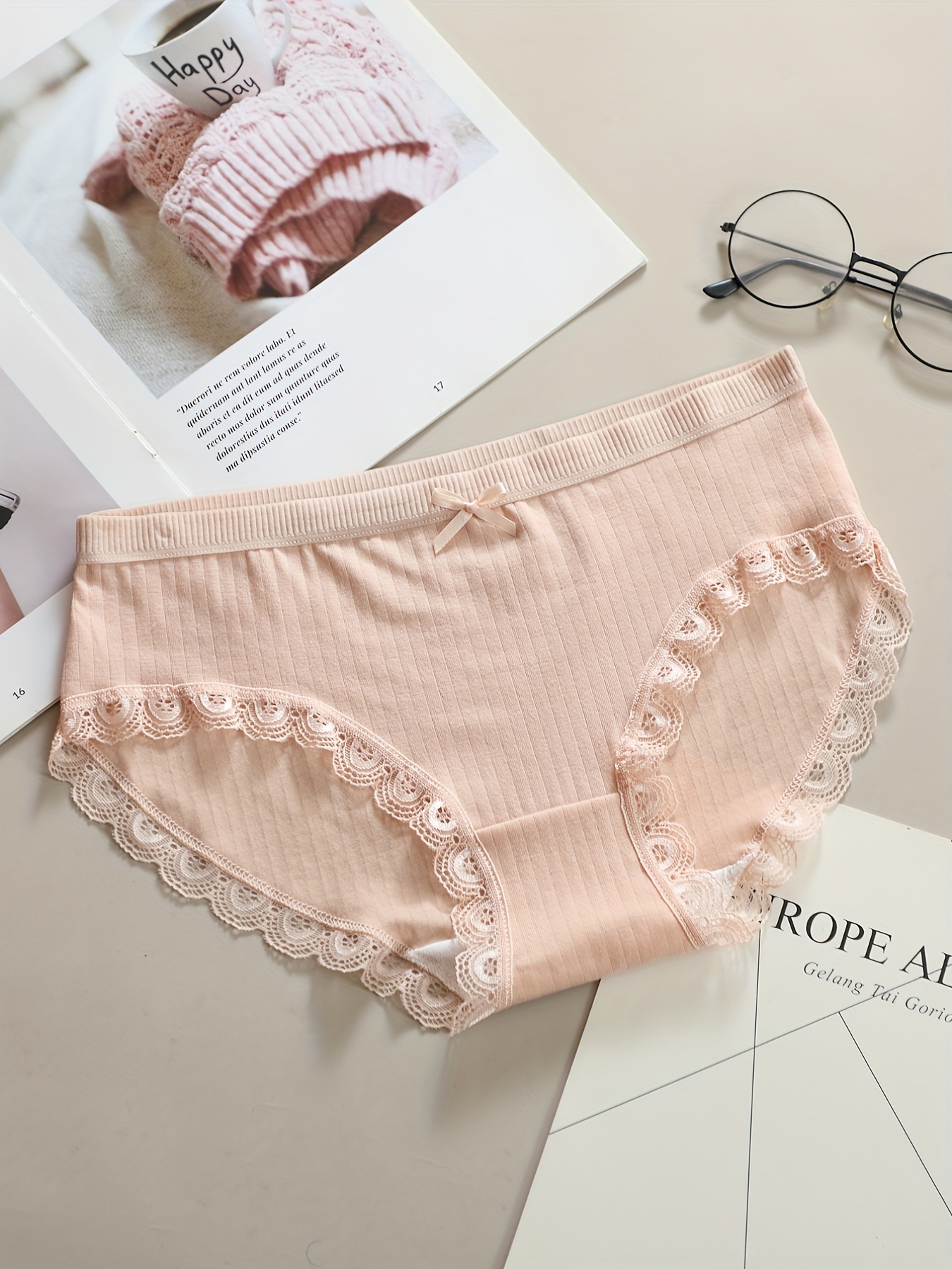 Contrast Lace Thongs Soft Comfy Scallop Trim Bow Tie Panties