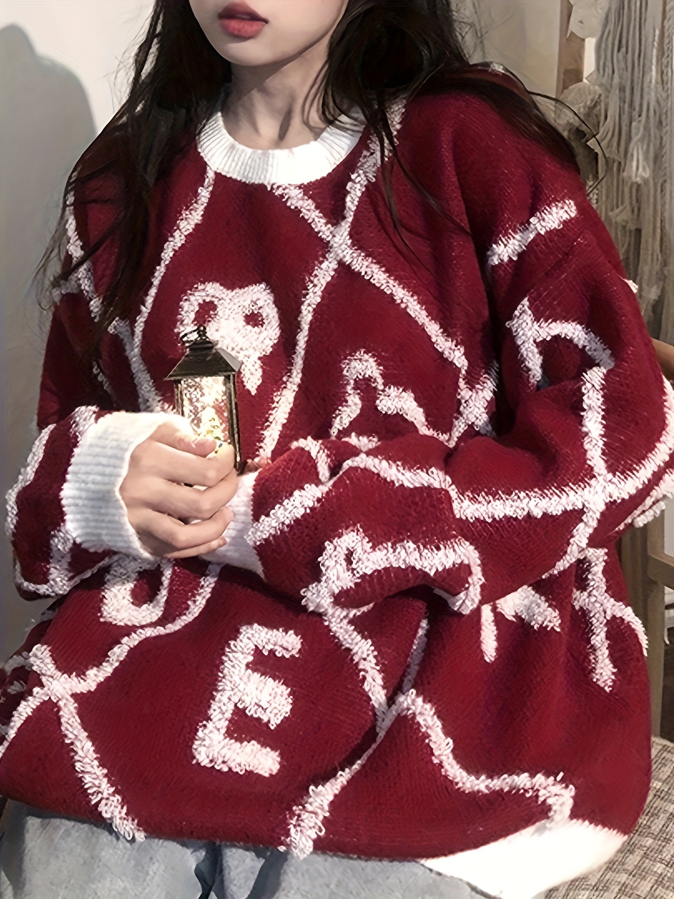 letter pattern crew neck pullover sweater casual long sleeve