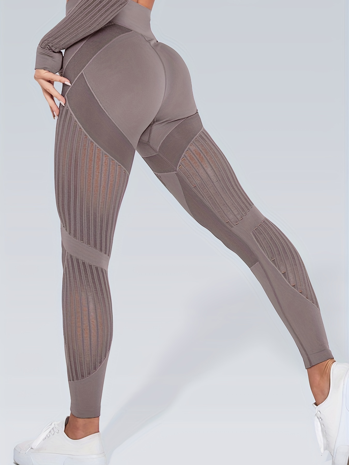 Solid Color Mesh Contrast Fitness Gym Sports Leggings High - Temu