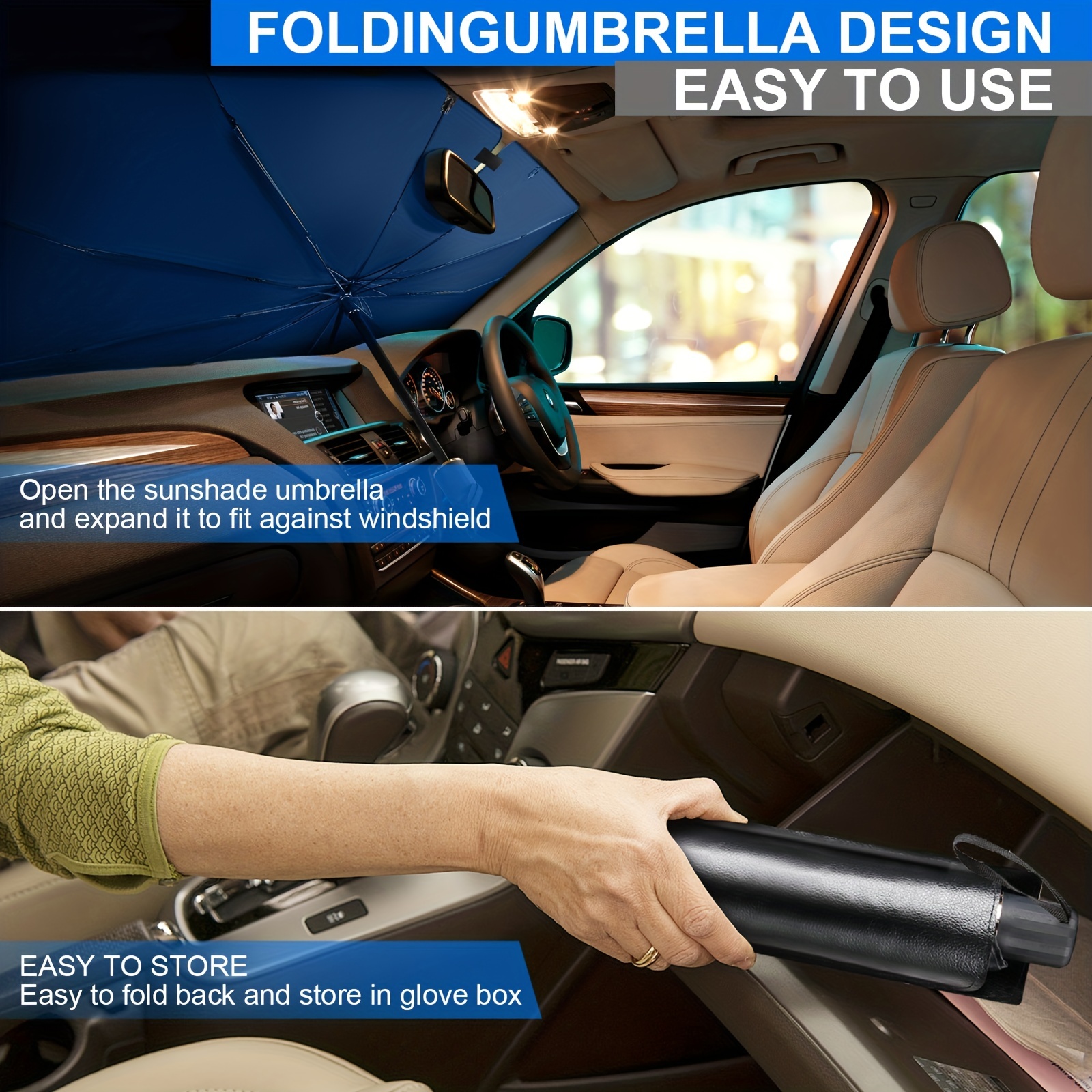 Couvre Pare brise Parapluie pliable en titane et argent bloc de lumière  rayons ultraviolets et aide au refroidissement intérieure de la voiture -  Happy Solde