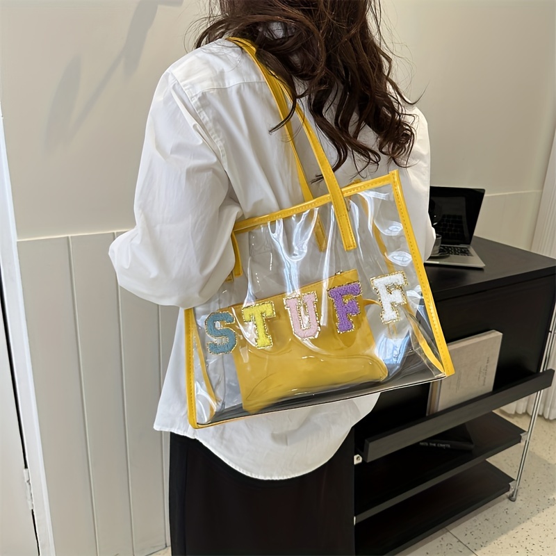 Transparent Pvc Beach Bag, Chenille Letter Decor Summer Jelly Tote Bag,  Large Capacity Waterproof Shoulder Bag With Inner Bag - Temu