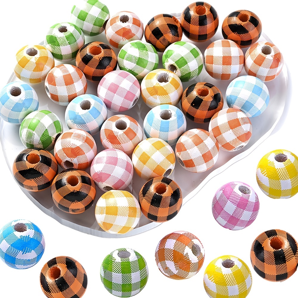 Wooden Beads For Crafts Polished And Plaid Wood Round Beads - Temu