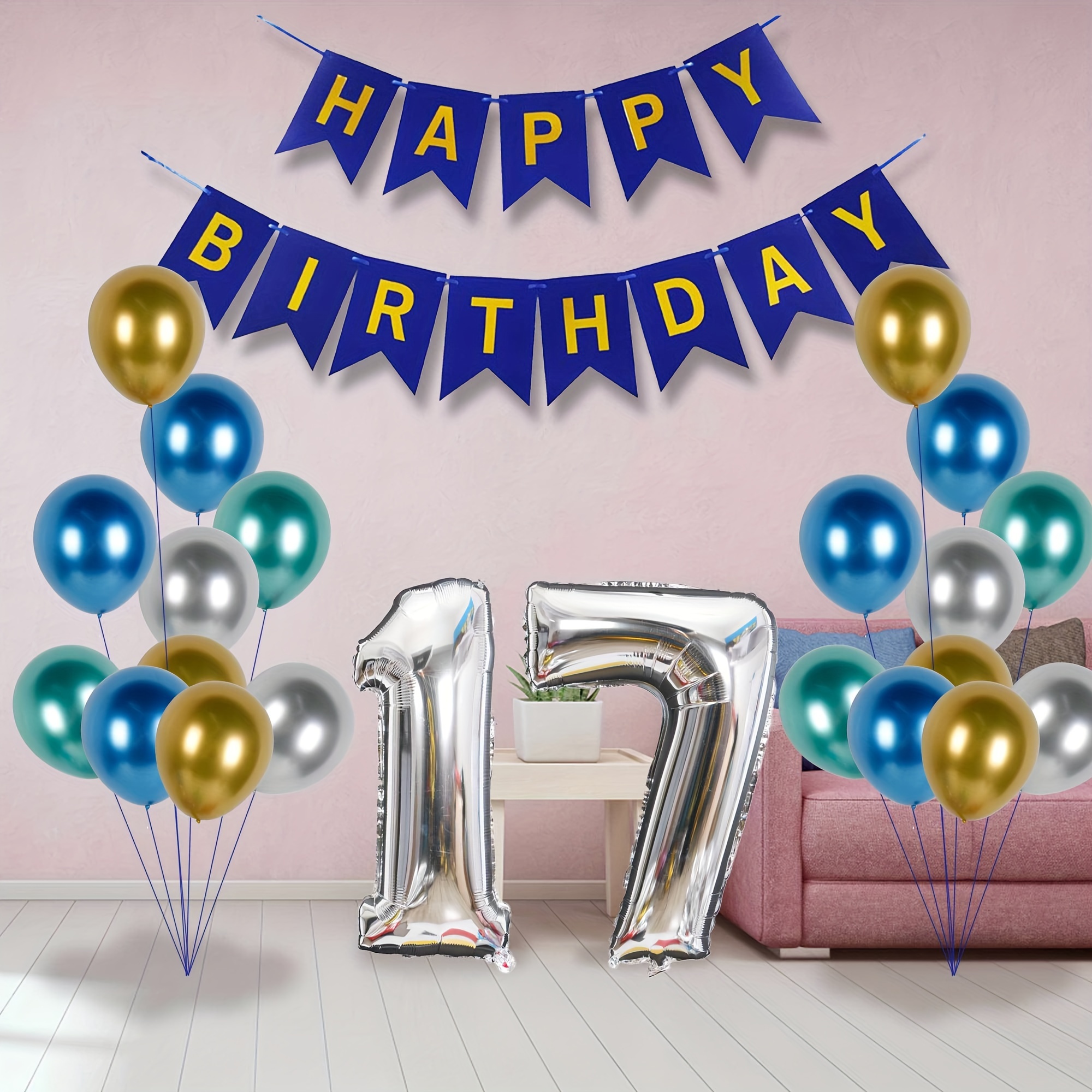 Decoraciones de fiesta de cumpleaños azul número 14 para niños, niñas,  hombres y mujeres, suministros de globos de feliz cumpleaños 14 con  pancarta de