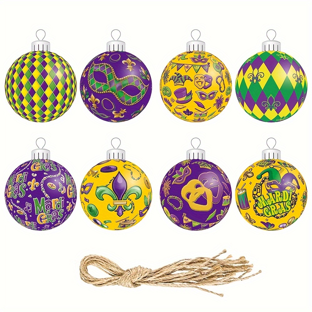 Watayo 12 PCS Mardi Gras Hanging Ball Ornaments- 2 Inch Mardi Gras  Shatterproof Ball- Purple Green Gold Glitter Tree Ornaments for Mardi Gras  Holiday