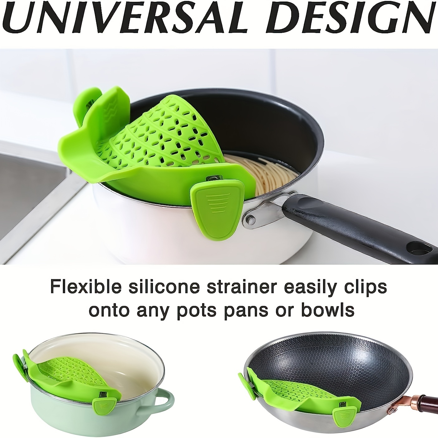 Food strainers & colanders,Adjustable Silicone Clip On Strainer for Pots,  Pans, and Bowls, cooking gadgets, kitchen essentials for new home, cool