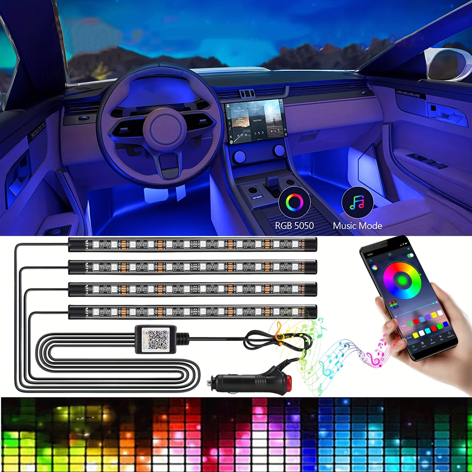 4Pcs Car LED Lights, 48LED Interior Lights, Smart App Control Lights Bars,  Multicolor Music Car Strip Light Under Dash Lighting