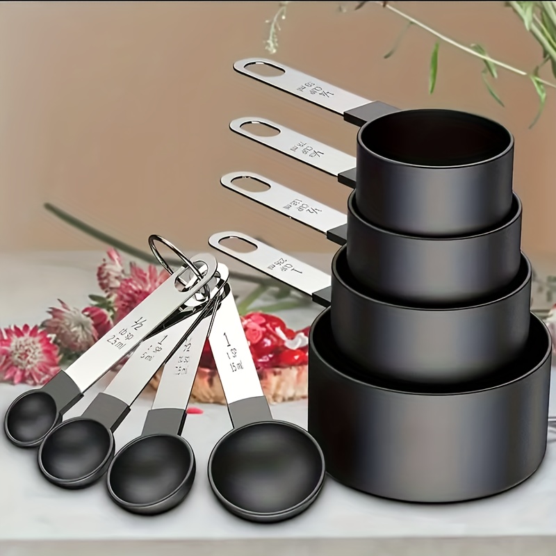 Measuring Cups And Spoons 8pc Set Black & Stainless Steel Nesting FREE  SHIPPING