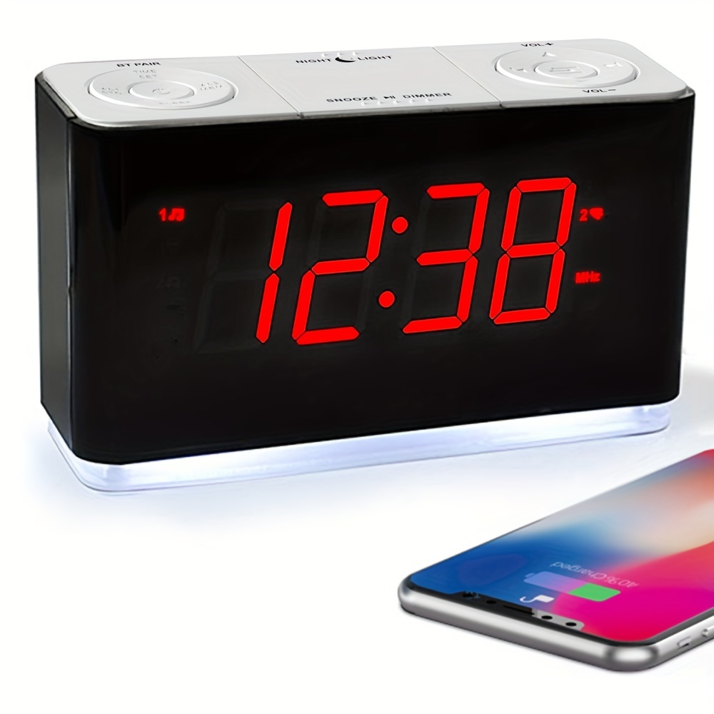Réveil Digital Multifonctions Bluetooth Radio Affichage Led Horloge En Bois