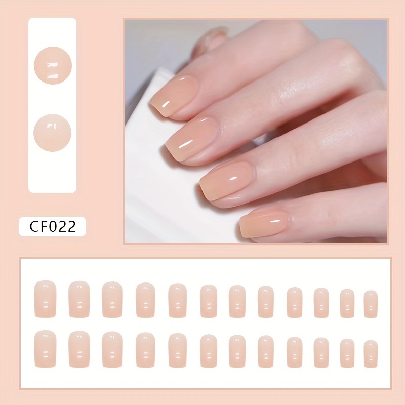 24pcs glossy medium square fake nails solid color press on nails fall winter nude yellow purple white false nails elegant nails for women girls details 9