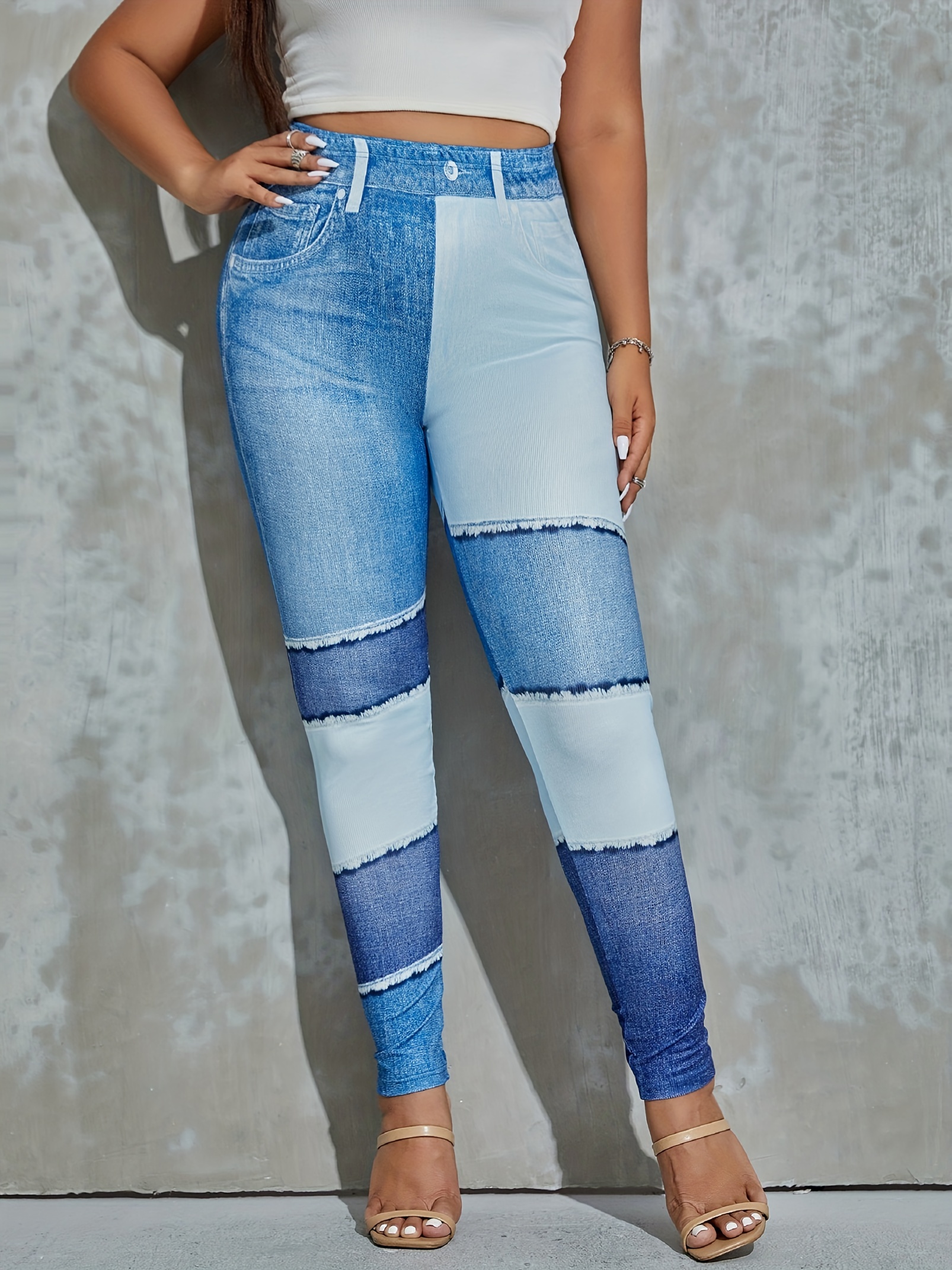 Denim Print Leggings Sexy High Waist Pockets Temu Netherlands