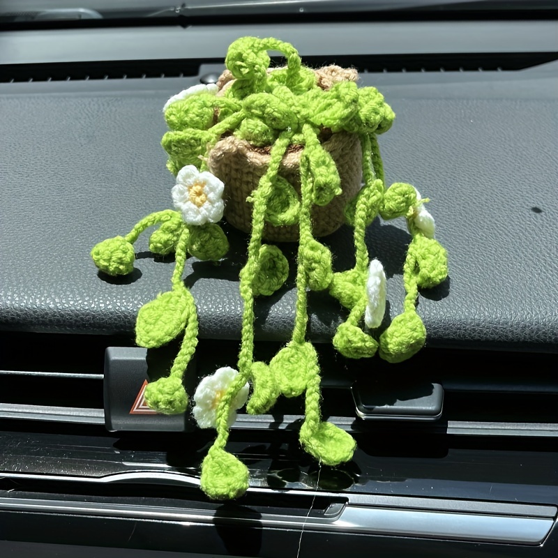 Hand-woven Flower Basket Pendant Imitation Plant Car Pendant Pure Hand-crocheted Wool Rearview Mirror Pendant Ornament Gift Car Interior Accessories