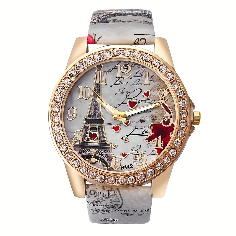 

Romantic Eiffel Tower Heart Quartz Watch Luxury Rhinestone Analog Pu Leather Wrist Watch Valentines Gift For Women Her