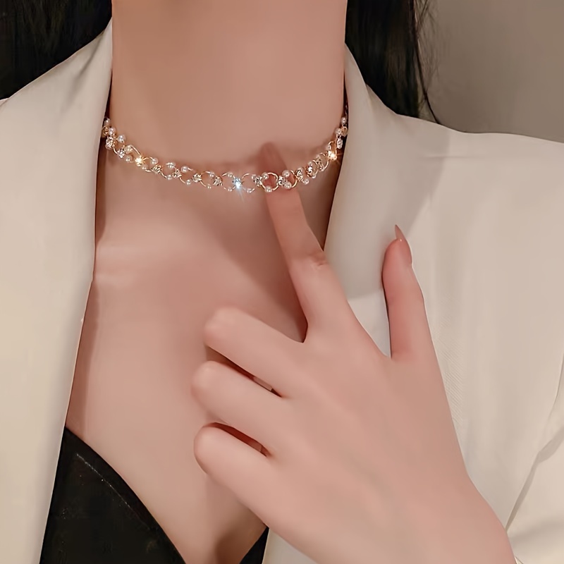 imitation pearl rhinestone handmade chain choker necklace banquet style necklace jewelry gift details 2