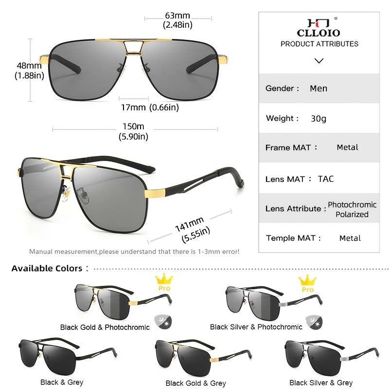 Clloio Premium Cool Square Photochromic Polarized Sunglasses Men