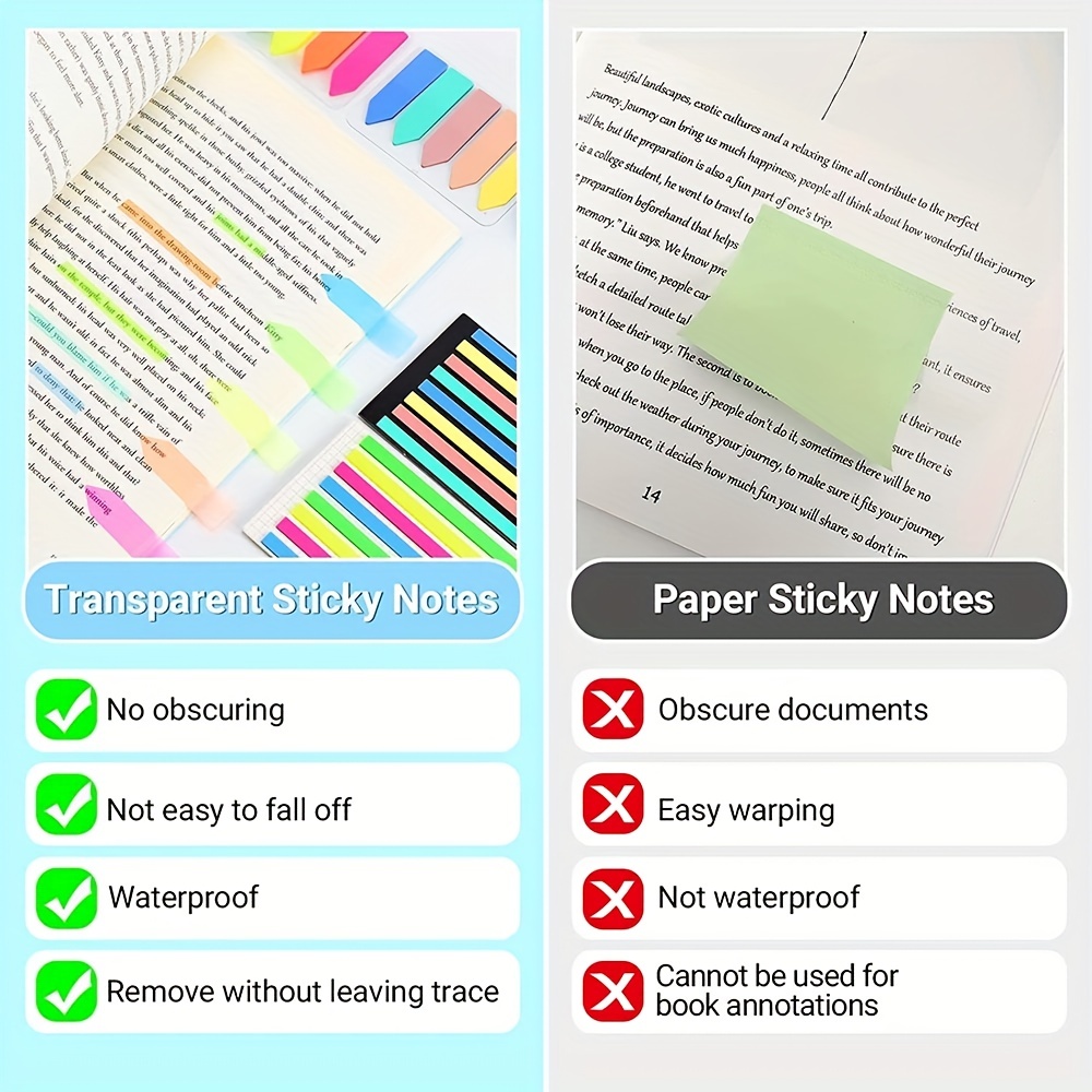 500 Pcs Transparent Sticky Notes Book Annotation Supplies Transparent Self  Sticky Annotation Waterproof Rainbow Color Memo Pad See Through Office