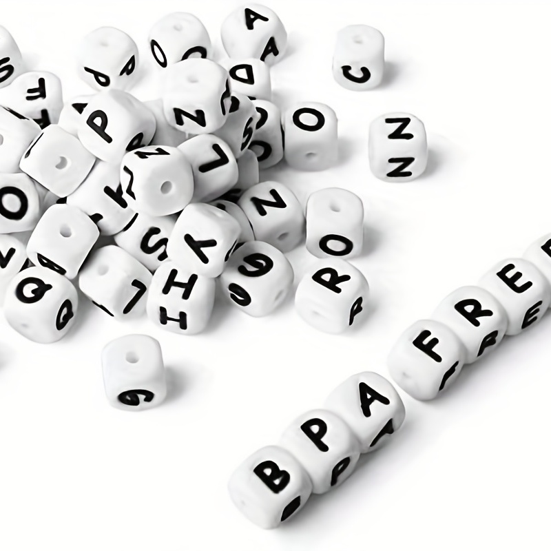 Alphabet Beads White with Black Letters, 10mm Round