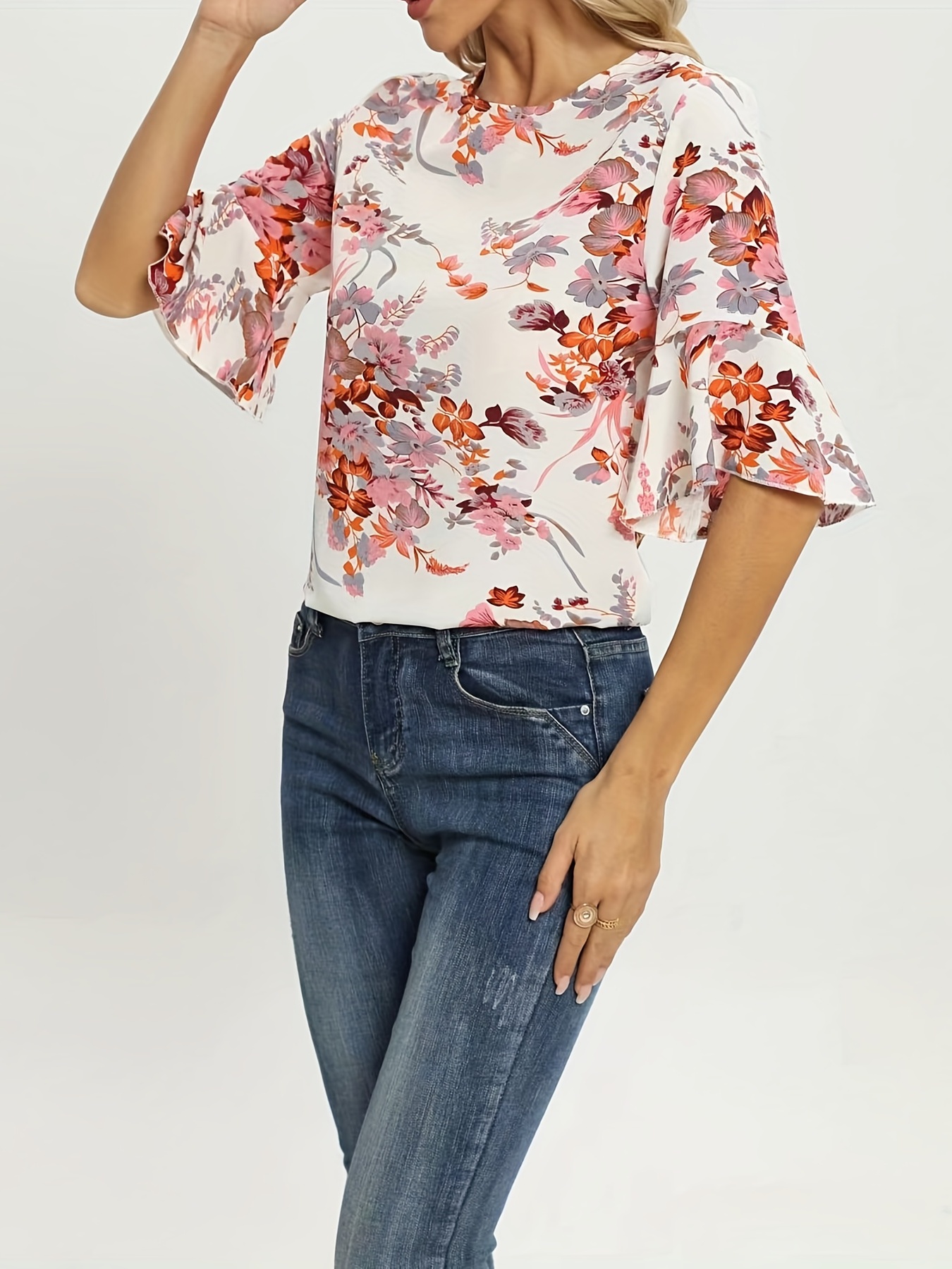 Floral Print Flared Sleeve Blouse Elegant Crew Neck Comfy - Temu