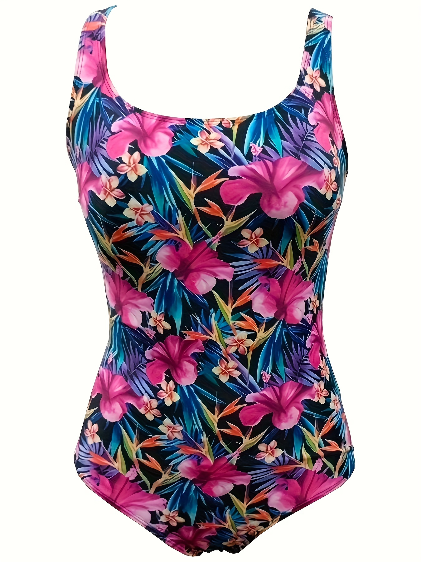 Floral Print Scoop Neck One-piece Swimsuit, High Stretch