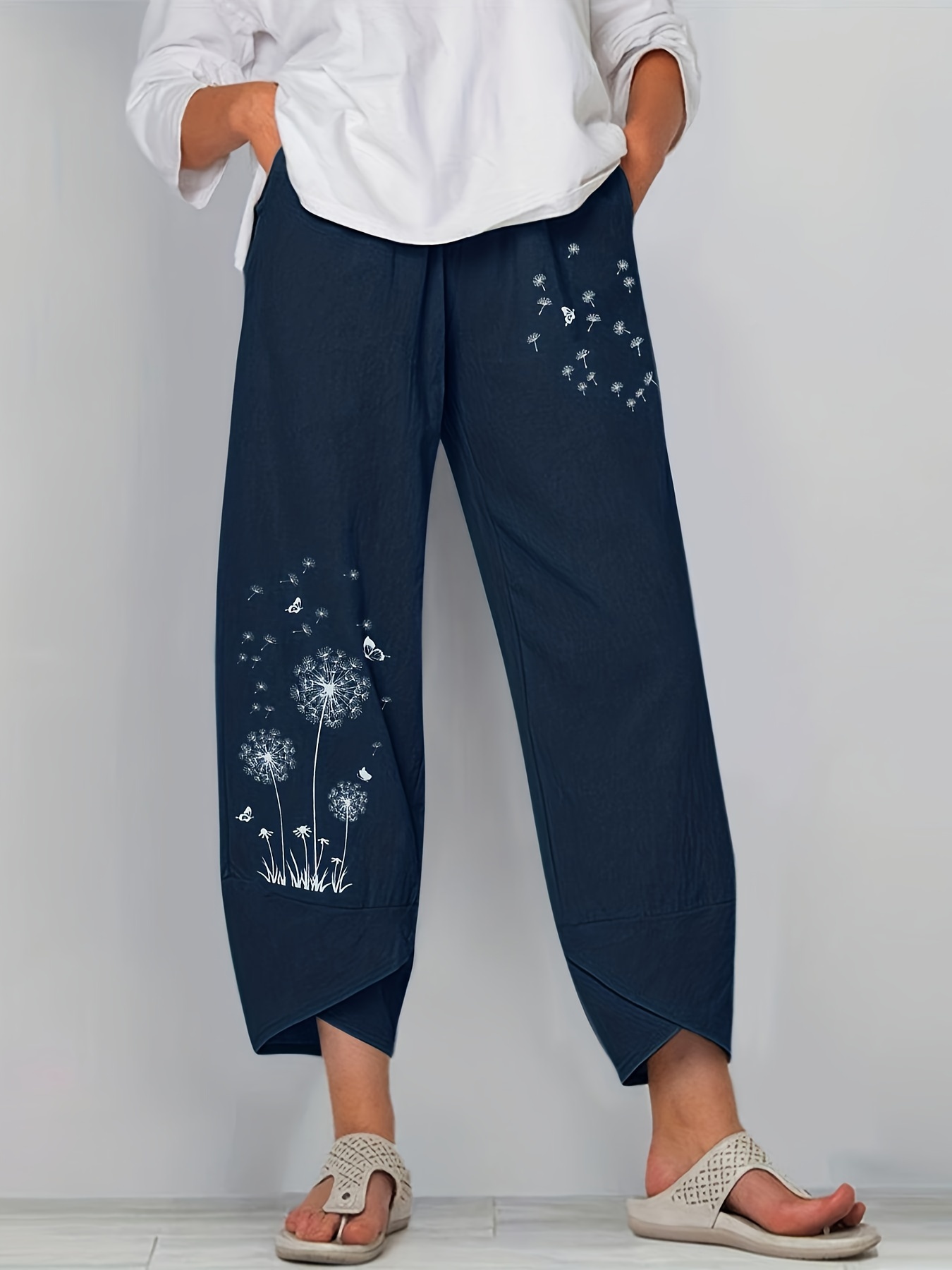 Small Daisy Print Flare Leg Pants, Vacation Pants For Spring & Summer,  Women's Clothing