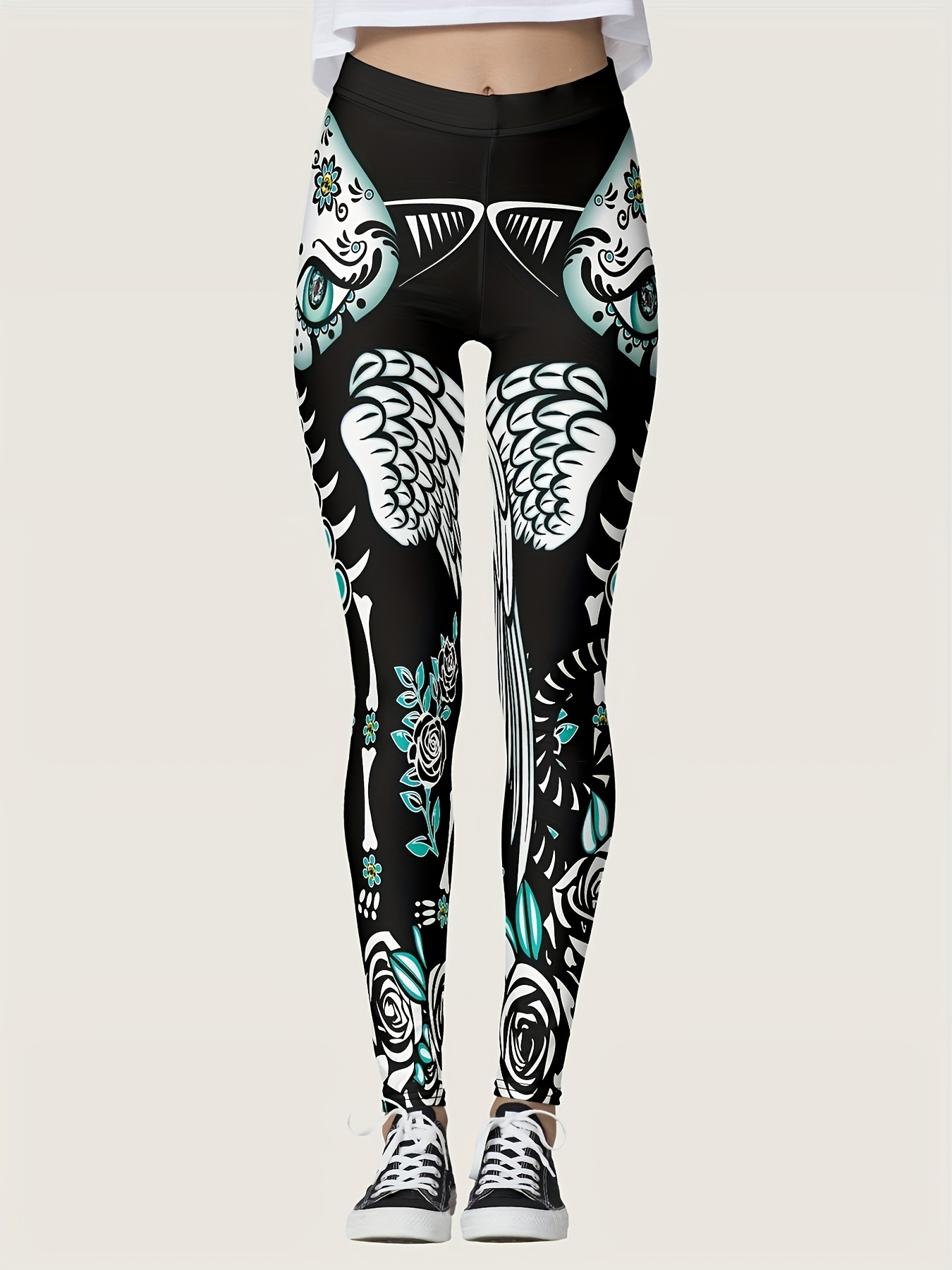 Flower Skull Pattern Women's Yoga Pants High Waisted Workout Leggings  Stretch Athletic Gym Print Long Pants