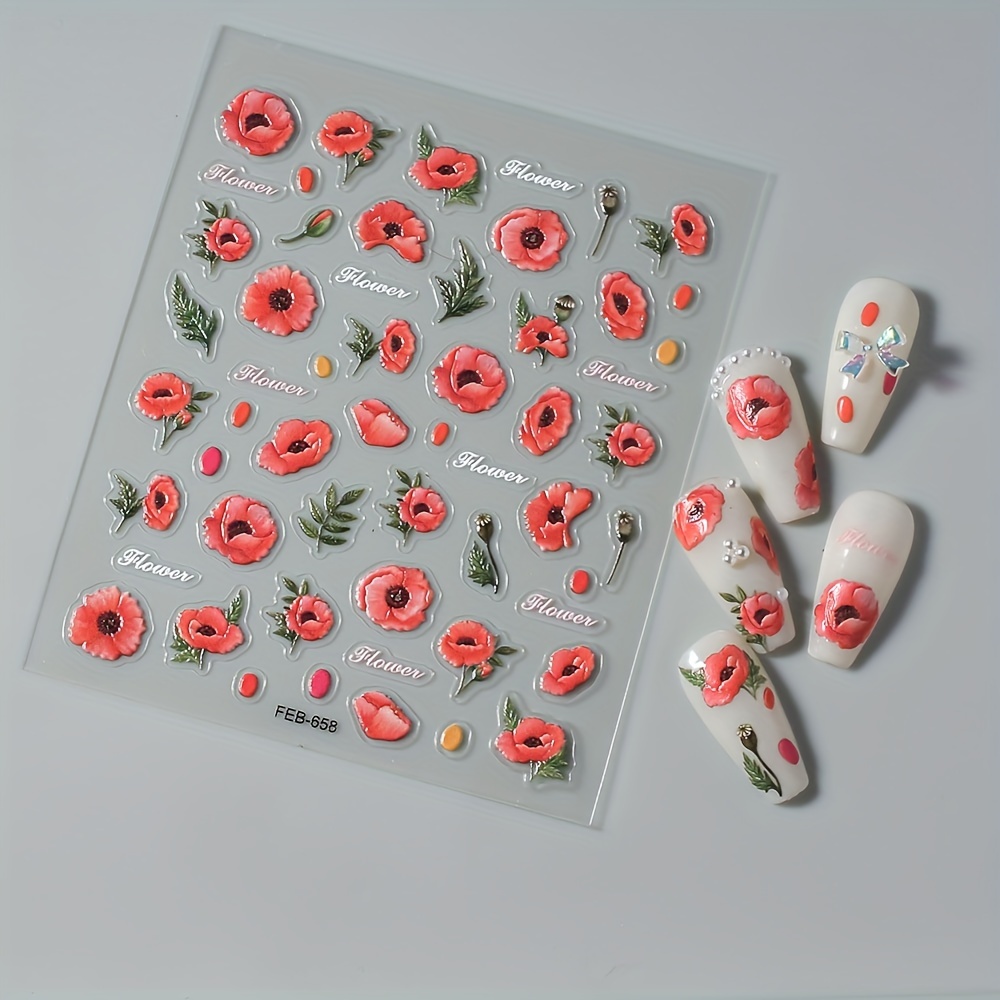5D Embossed Waterproof Nail Art Decals, Red Flower Designs