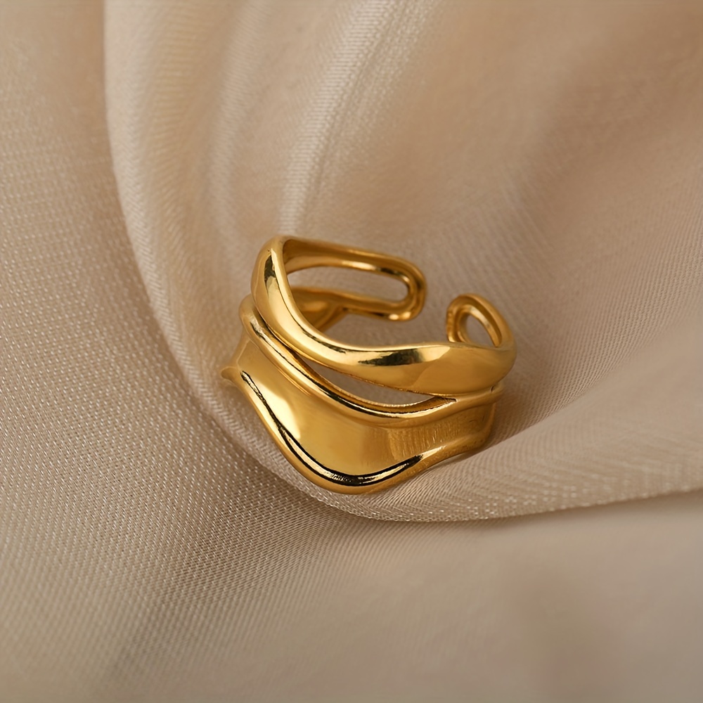 Golden Tone Stainless Steel Wave Open Ring