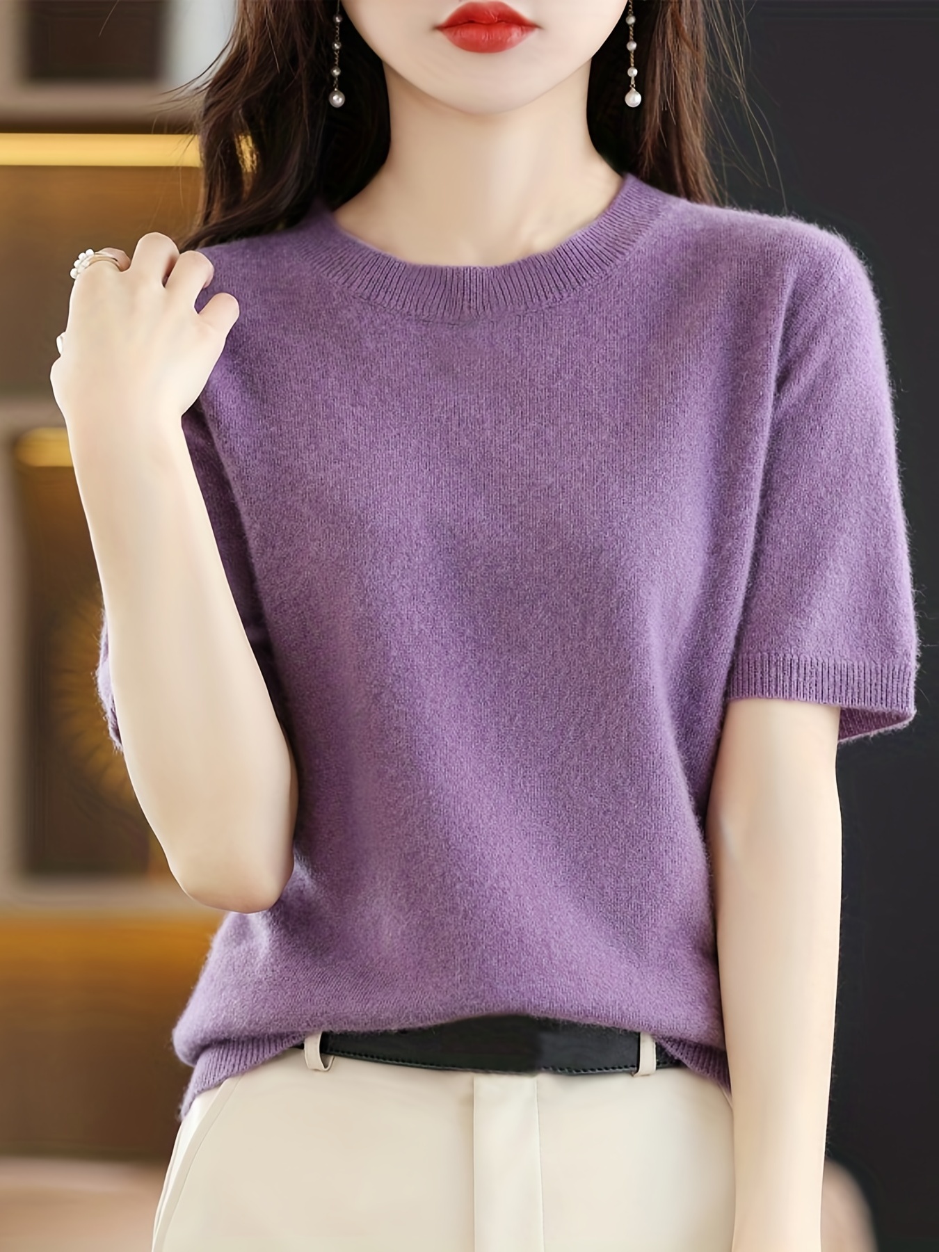 Solid Half Sleeve Sweater, Elegant Crew Neck Sweater For Spring