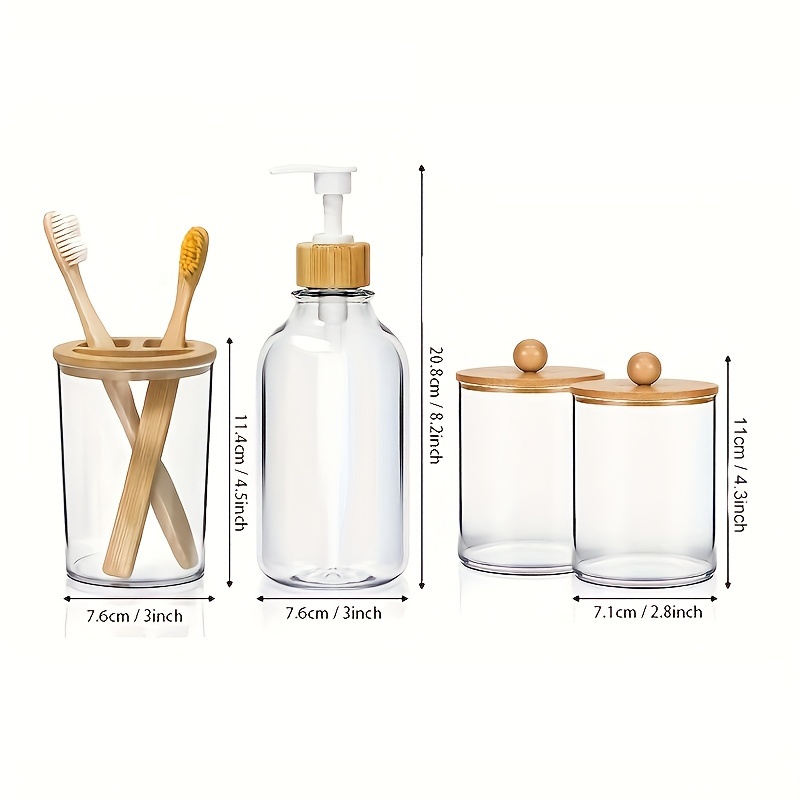 4pcs Bamboo Bathroom Accessories Soap Dispenser, Cotton Swab Holder Jars,  Toothbrush Holder, Boho Bathroom Decor Storage Box, Aesthetic Room Decor, Ho