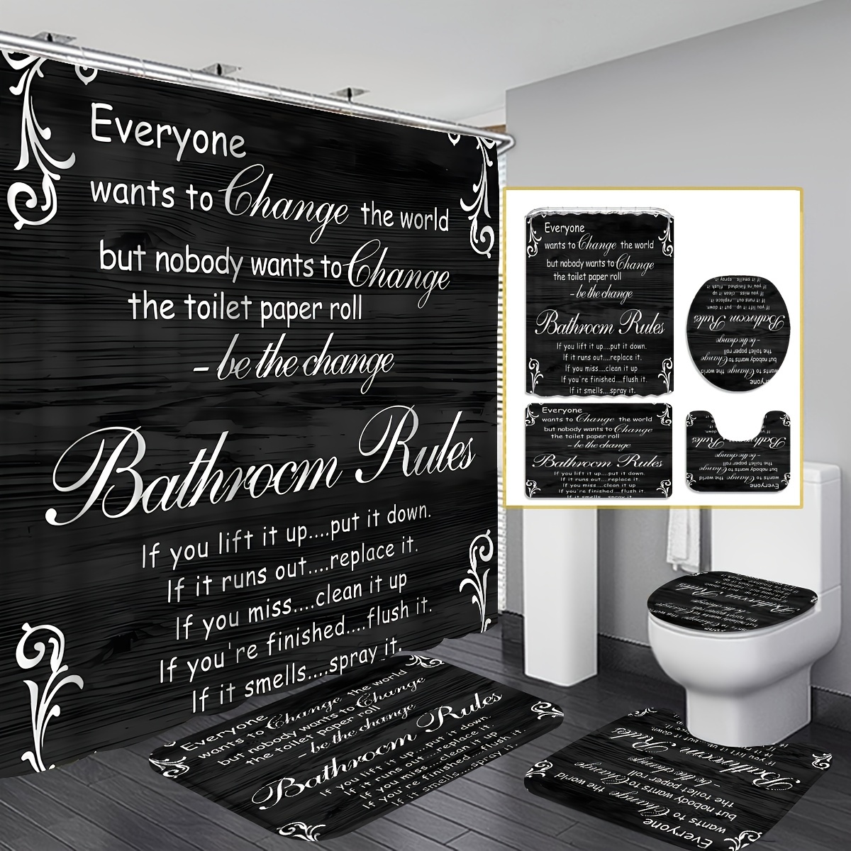 Bathroom Rules Shower Curtain Set Black Bathroom Decor Set - Temu